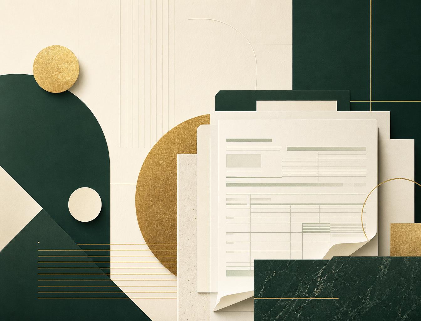 Abstract editorial composition of tax documents, geometric forms, and premium green and gold accents