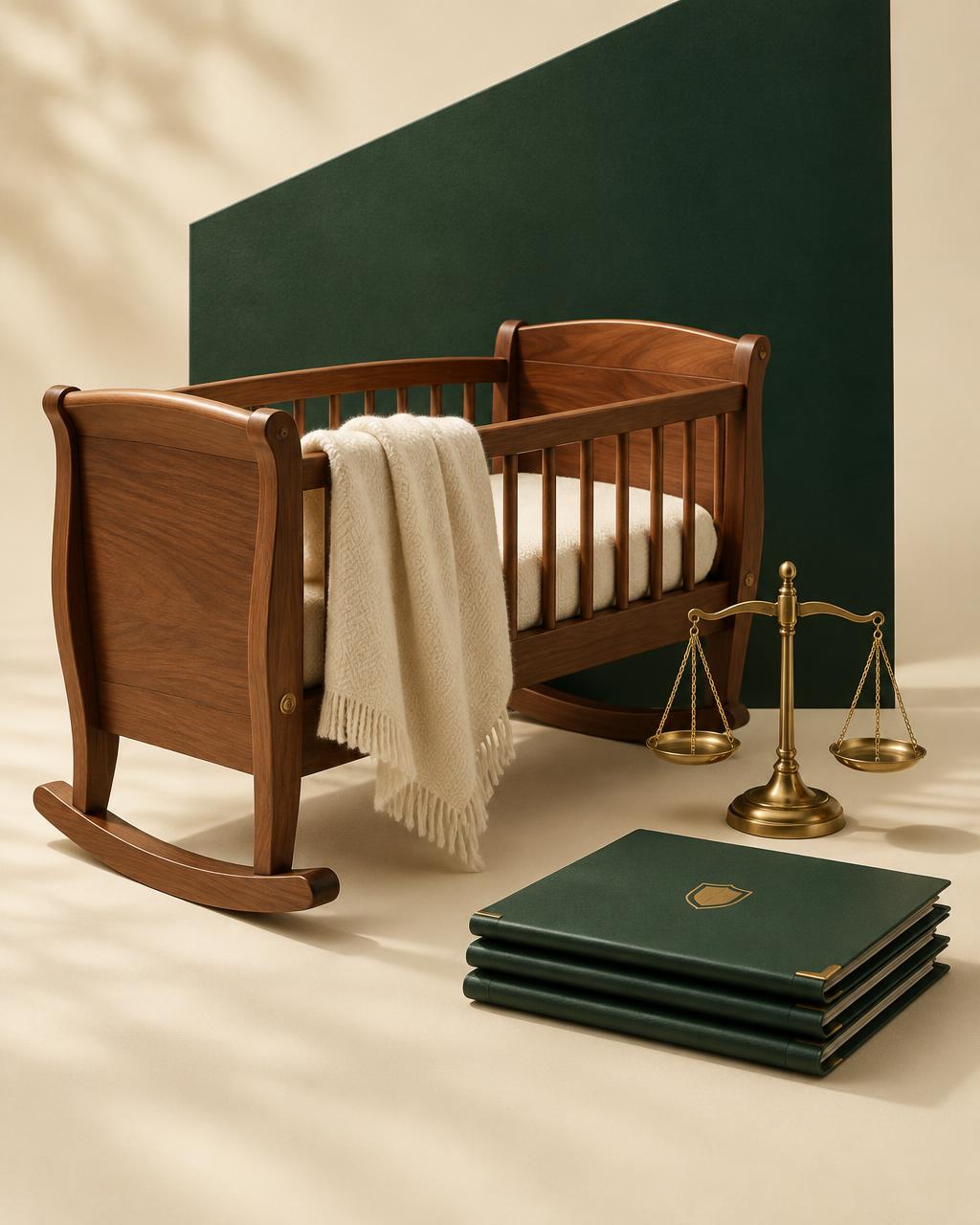 Wooden baby cradle beside a brass balance scale and tax folders, Sleep Like a Baby audit protection